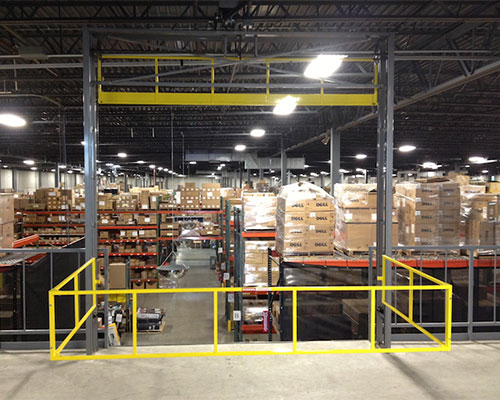 Three-sided mezzanine safety gate at a warehouse